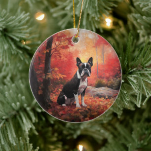 Ornamento De Cerâmica Boston Terrier nas Folhas de Outono Caindo Inspira
