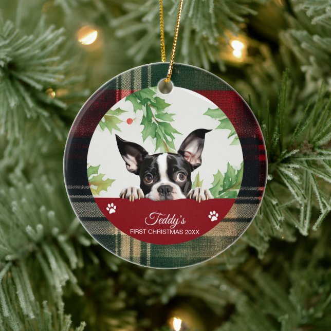 Ornamento De Cerâmica Boston Terrier Natal Personalizado Primeiro Natal (Árvore)