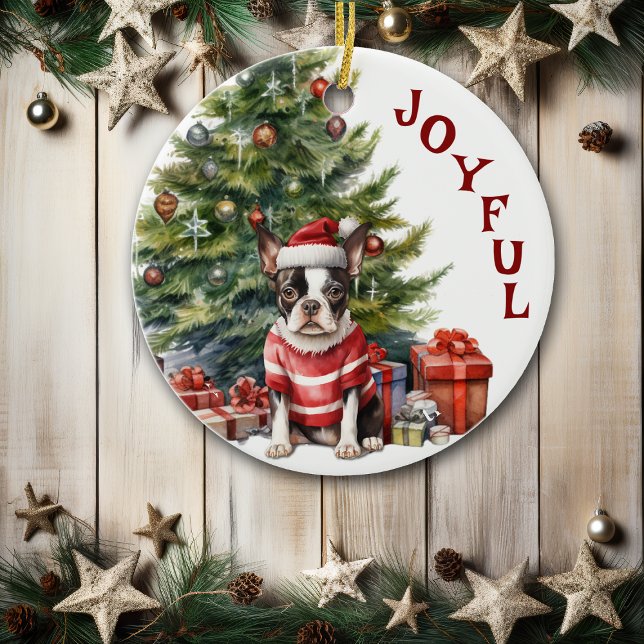 Ornamento De Cerâmica Boston Terrier no Sweater and Hat Christmas (Criador carregado)