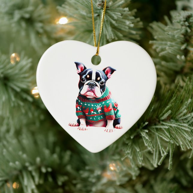 Ornamento De Cerâmica Boston Terrier no Sweater de Natal (Árvore)