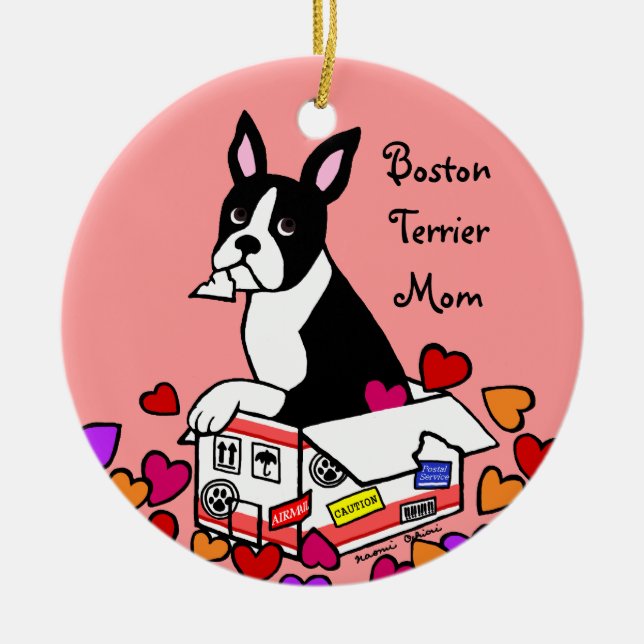 Ornamento De Cerâmica Boston Terrier nos desenhos animados da caixa (Frente)