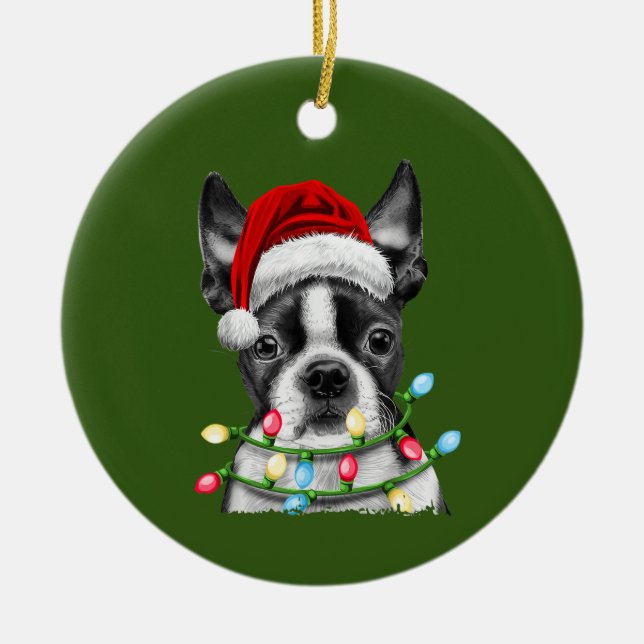 Ornamento De Cerâmica Boston Terrier Papais noeis Árvore de Natal Luzes  (Frente)