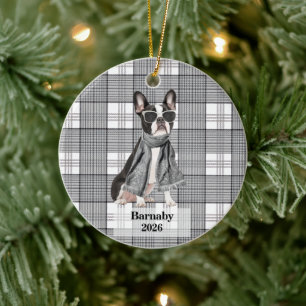 Ornamento De Cerâmica Boston Terrier Preto Branco Xadrez Personalizado C