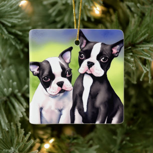 Ornamento De Cerâmica Boston Terrier Puppies Watercolor