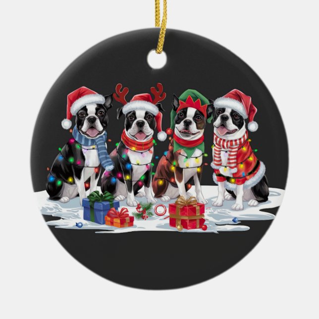 Ornamento De Cerâmica Boston Terrier Santa que chifra no Natal (Frente)