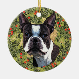 Ornamento De Cerâmica Boston Terrier Wreath