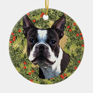 Ornamento De Cerâmica Boston Terrier Wreath