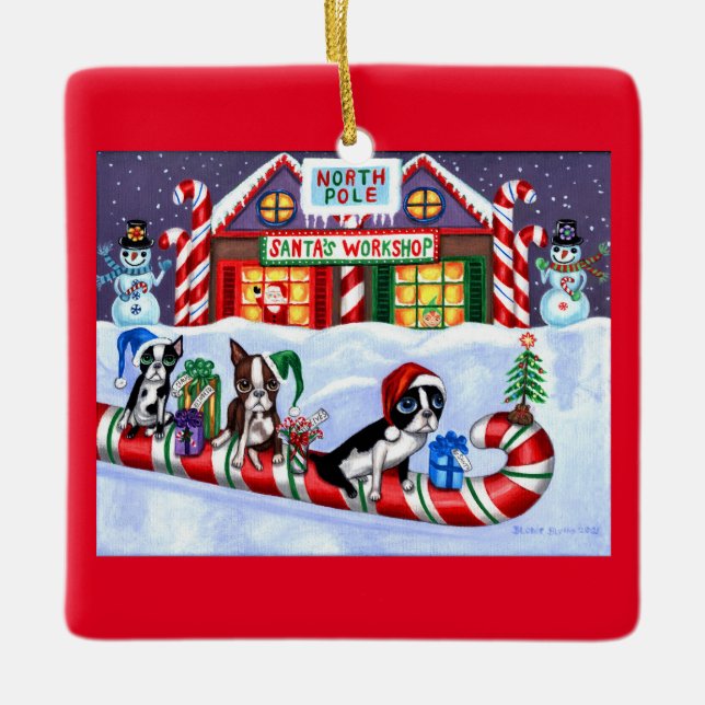 Ornamento De Cerâmica Boston Terriers Candy Cane Papai noel Natal Snowma (Frente)