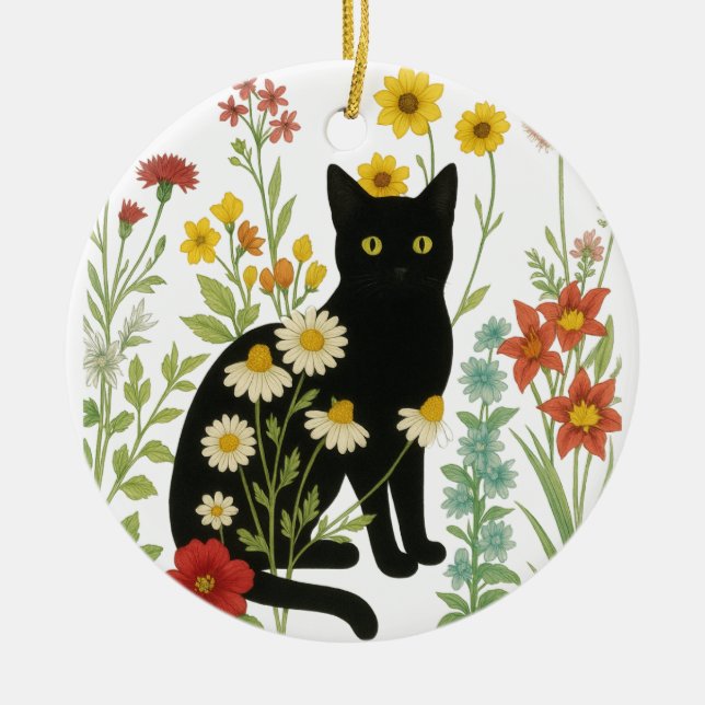 Ornamento De Cerâmica Botanical Nature – Black Cat in Wildflower Garden (Frente)