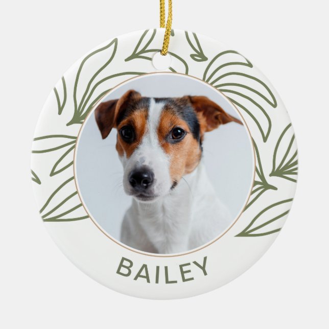 Ornamento De Cerâmica Botanical Print Dog Photo and Name Christmas (Frente)