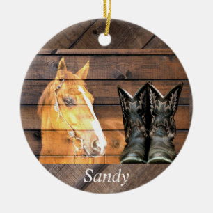 Ornamento De Cerâmica Botas de Cowboy de Cavalo em Tábua de Celeiro Rúst