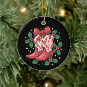 Ornamento De Cerâmica Botas de Cowboy de Natal Arco de Azevinho País Oci