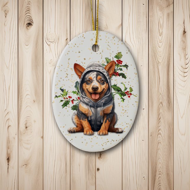 Ornamento De Cerâmica Bovinos Aussie Bonitos Cachorro Holly de Natal (Criador carregado)