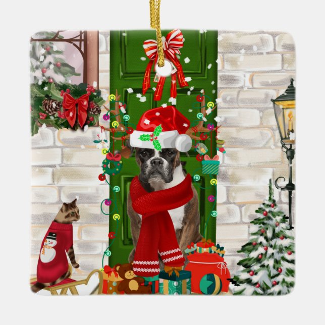 Ornamento De Cerâmica Boxer Dog Christmas (Frente)