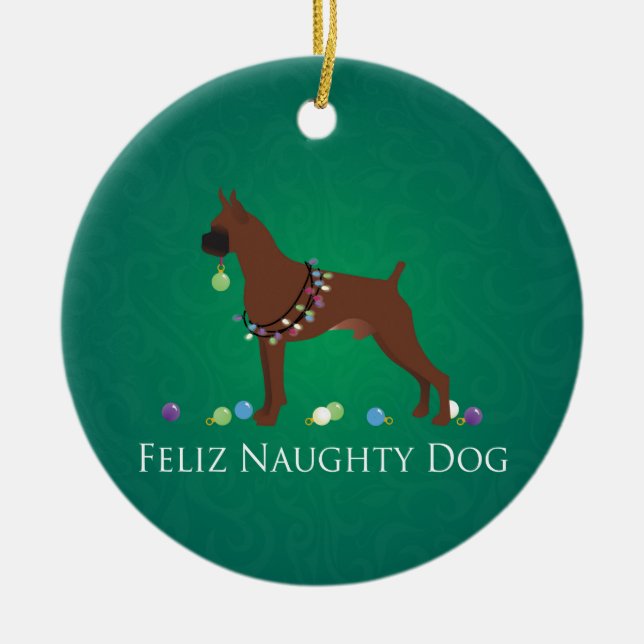 Ornamento De Cerâmica Boxer Dog Feliz Naughn Design de Natal (Frente)