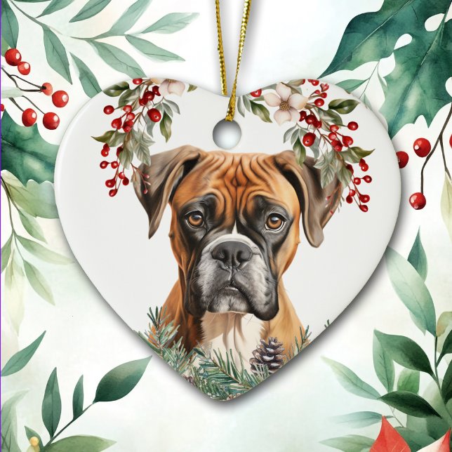 Ornamento De Cerâmica Boxer Dog Holly Wreath Christmas (Criador carregado)