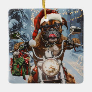 Ornamento De Cerâmica Boxer Dog Riding Motorcycle Christmas