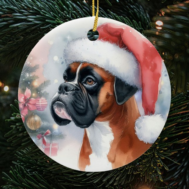 Ornamento De Cerâmica Boxer Dog Santa Hat Natal (Criador carregado)