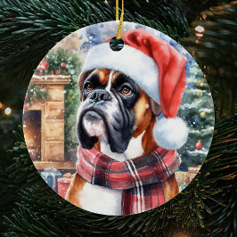 Ornamento De Cerâmica Boxer Dog Scarf e Papai Noel no Natal