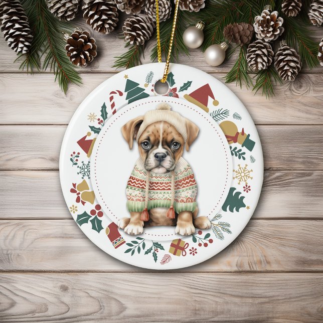Ornamento De Cerâmica Boxer Puppy no inverno Sweet no Natal (Criador carregado)