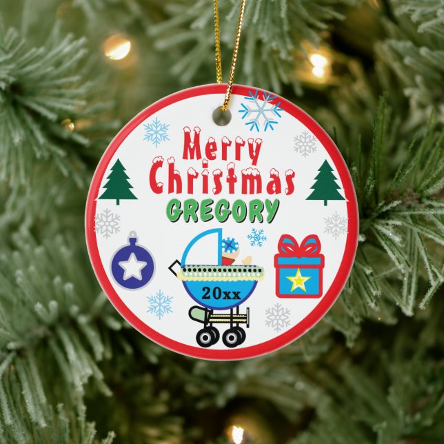 Ornamento De Cerâmica Boy Christmas Trees NAME Blue Carriage (Árvore)
