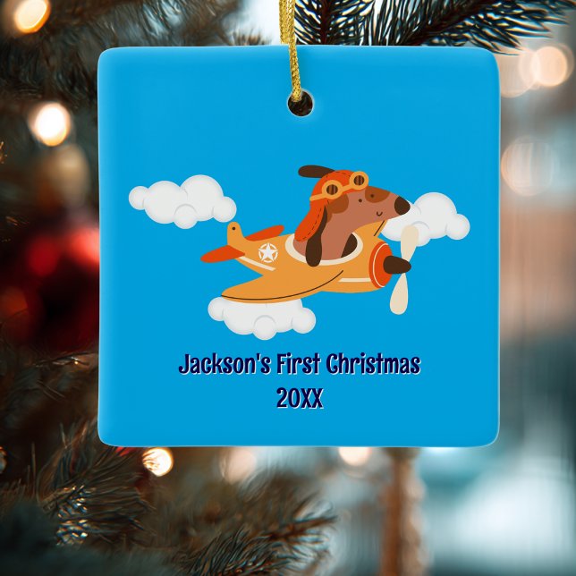 Ornamento De Cerâmica Boy First Christmas Dog Pilot Airplane Cloud Funny (Criador carregado)