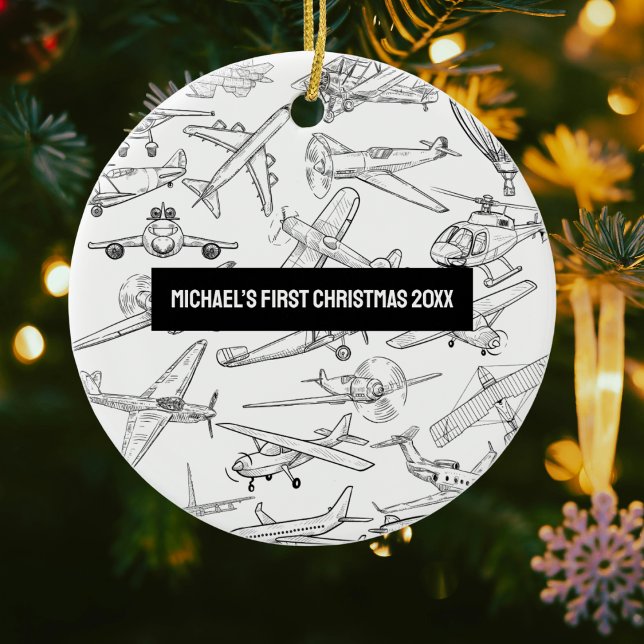 Ornamento De Cerâmica Boy First Christmas Hand Drawn Airplanes Aviation  (Criador carregado)