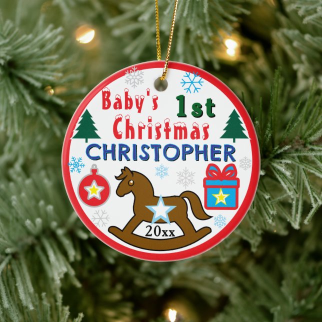 Ornamento De Cerâmica Boy First Christmas PHOTO Rocking Horse  (Árvore)