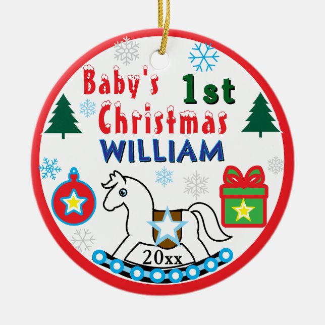 Ornamento De Cerâmica Boy First Christmas PHOTO White Horse  (Frente)