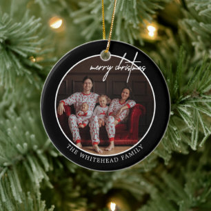 Ornamento De Cerâmica Branca de Foto Simples de Natal Preto