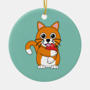 Ornamento De Cerâmica Branca De Gato Branco, Comendo Maçã Vermelha