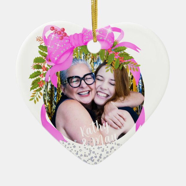 Ornamento De Cerâmica Branca de Natal com Fita Rosa Glittering (Frente)