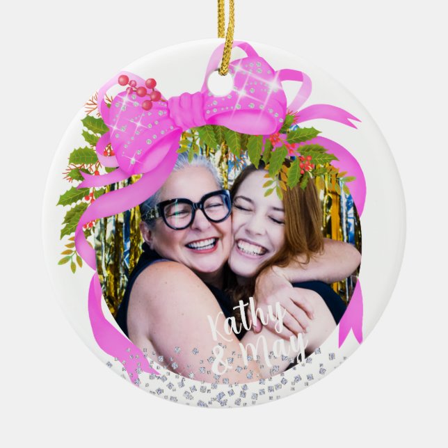 Ornamento De Cerâmica Branca de Natal com Fita Rosa Glittering (Frente)