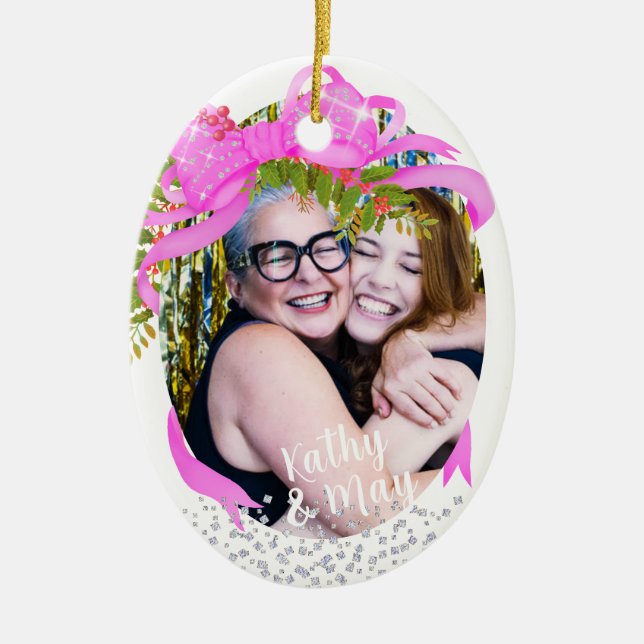 Ornamento De Cerâmica Branca de Natal com Fita Rosa Glittering (Frente)