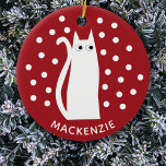 Ornamento De Cerâmica Branco Vermelho Personalizado do Cat<br><div class="desc">Um design de gato branco divertido sobre um fundo vermelho festivo. Arte original de Nic Squirrell. Altere o nome para personalizar.</div>