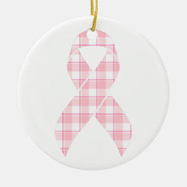 Ornamento De Cerâmica Breast Cancer Awareness Plaid Pink Ribbon