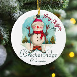 Ornamento De Cerâmica Breckenridge Colorado Watercolor Snowman Snowboard<br><div class="desc">Breckenridge Colorado Watercolor Snowman Design. Breckenridge Colorado Esta design faz um excelente de Natal ou presente de aniversário para fãs da montanha Breckenridge. O design de colheita retrô é um presente perfeito para amantes do esqui nas montanhas do Colorado. - "Modifique a design de acordo com as suas preferências. Você...</div>