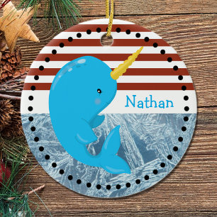 Ornamento De Cerâmica Brick Red-White Stripes ・ Narwhal ・ Personaliz