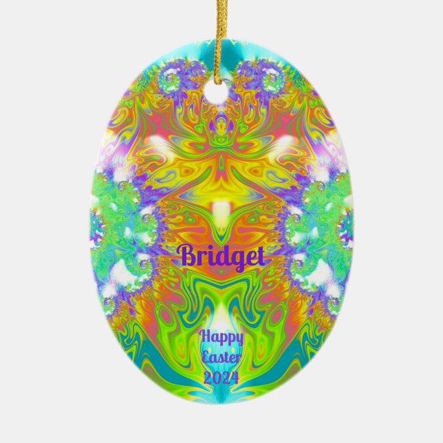 Ornamento De Cerâmica BRIDGET~ OVO LESTE ~ Multicores FRACTAIS Bonito (Frente)