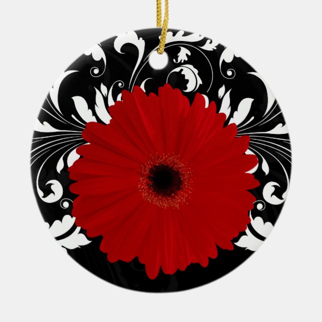 Ornamento De Cerâmica Bright Red Gerbera Daisy em Preto (Frente)