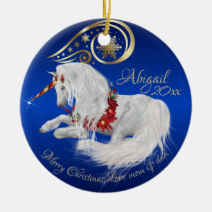 Ornamento De Cerâmica Brilhante Azul Natal Unicórnio Destaque Dourado J