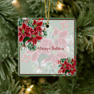 Ornamento De Cerâmica Brilhantes poinsettias e azevinho Natal personaliz