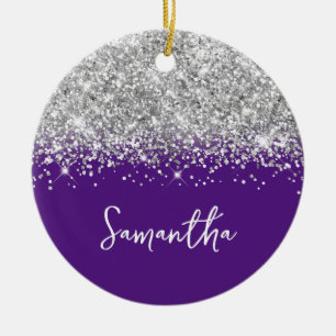 Ornamento De Cerâmica Brilho Prateado e Foto de Nome Glamour Roxo Real