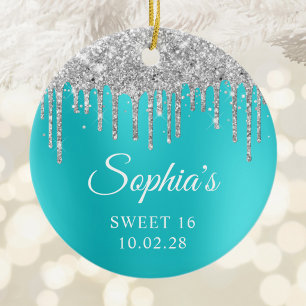 Ornamento De Cerâmica Brilho Prateado Pingos Azul Água Glam Sweet 16 Fot