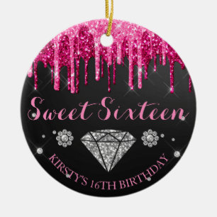 Ornamento De Cerâmica Brilho Rosa Quente Drip Diamante Doze Aniversário