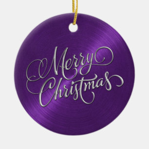 Ornamento De Cerâmica Brilho roxo e Feliz Natal de prata