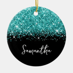 Ornamento De Cerâmica Brilho Teal e Foto de Nome Glam Preto