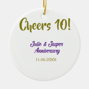Ornamento De Cerâmica Brinde ao 10º aniversário de casamento roxo dourad