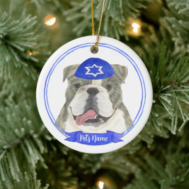 Ornamento De Cerâmica Brindle & White Buldogue Hanukkah (Árvore)