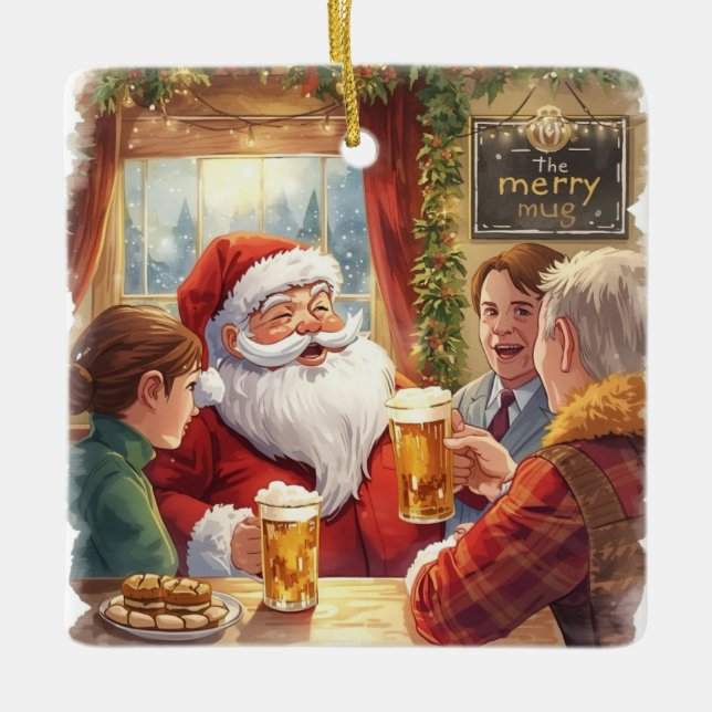 Ornamento De Cerâmica British Christmas Party Santa in the pub (Frente)
